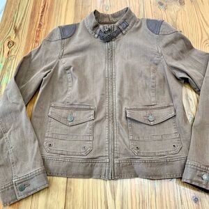 LRL Ralph Lauren Brown Denim Jacket Moto Sheep Leather Shoulders Women's Sz 14